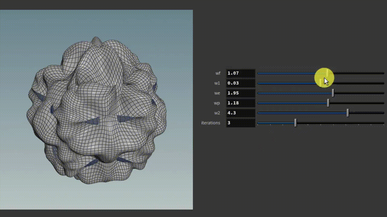 Animation of the column form shifting as the subdivision weights w-f, w-1, w-e, w-p and w-2 are manipulated.